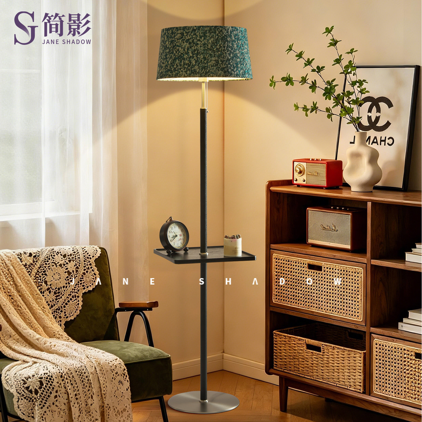 中古风简约现代置物功能实木布艺落地灯客厅卧室沙发旁立式台灯具
