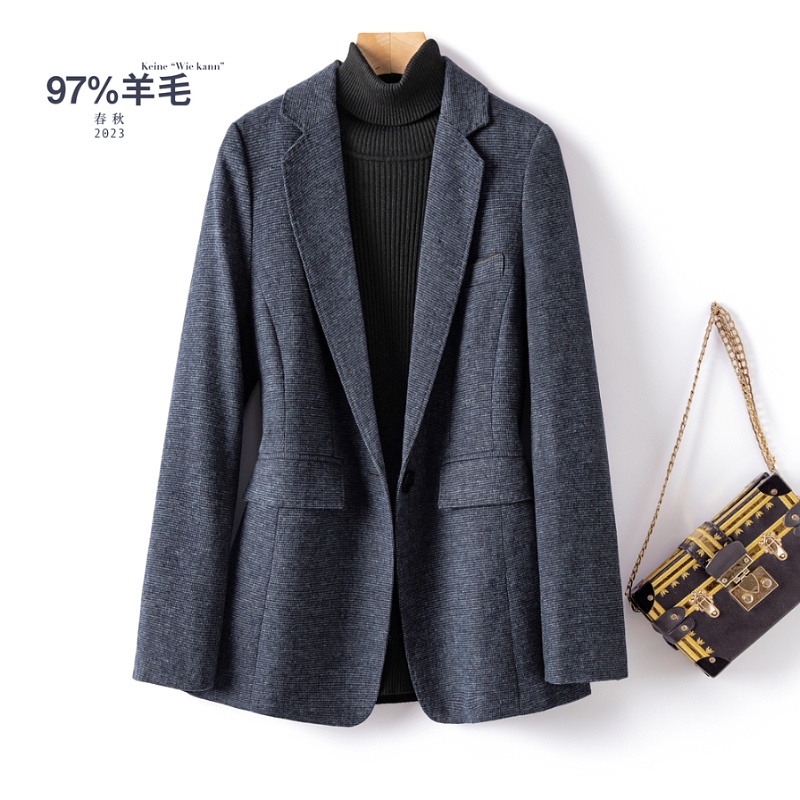 wesee春秋羊毛呢西装外套女 细格纹柔糯修身职业长袖西服毛呢上衣