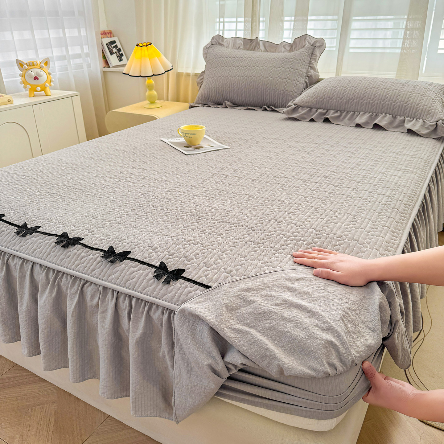 皱皱纱夹棉床笠床罩单件A类韩版花边席梦思床垫保护套防滑床单罩