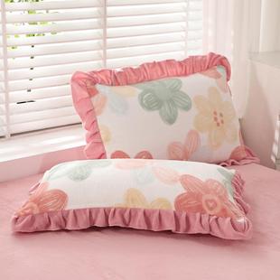 冬季 牛奶绒枕套一对2只花边加厚珊瑚绒枕头套双面加绒枕芯套48x74