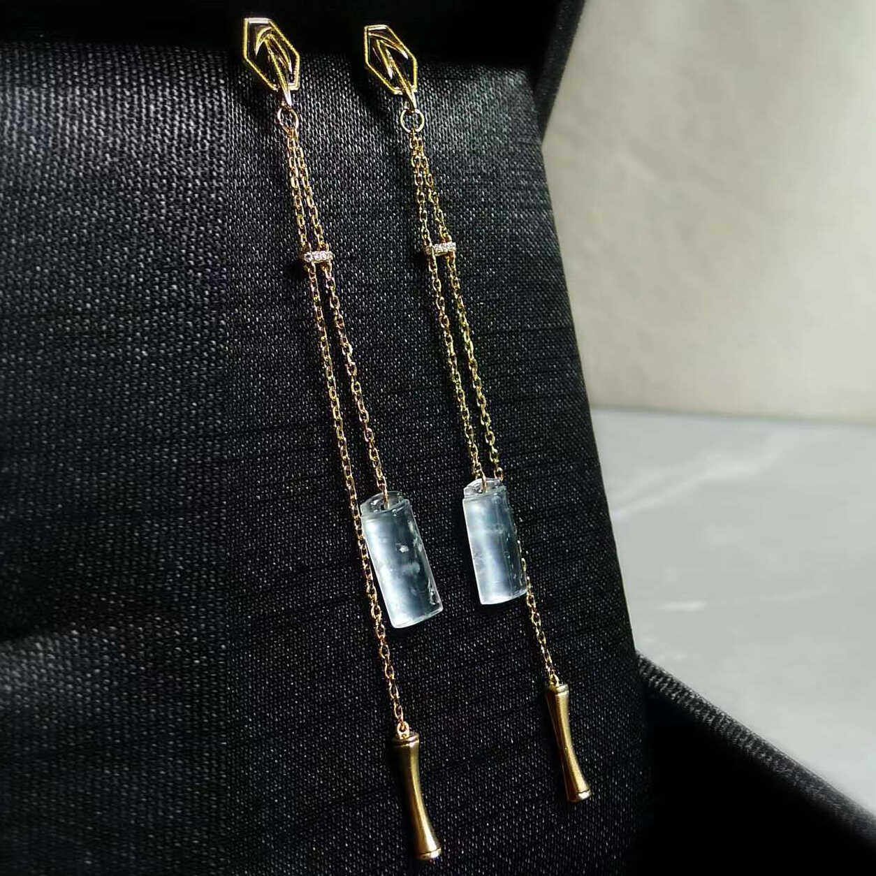 纯翠珠宝现货精品 天然A货翡翠强荧光木那料冰棍耳坠18K金钻石