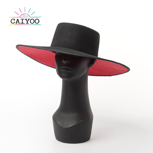 欧美秋冬新款双层拼色羊毛呢大檐礼帽女士时尚走秀造型毛毡大沿帽