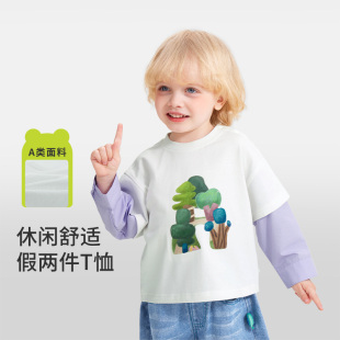 2025新款 男童假两件体恤圆领春装 儿童女 春秋款 齐齐熊宝宝t恤长袖