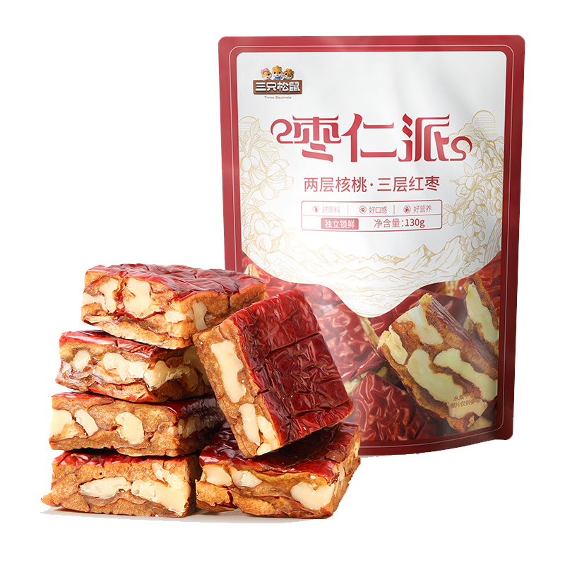 【新品】三只松鼠红枣核桃枣仁派灰枣新疆特产红枣夹核桃健康零食