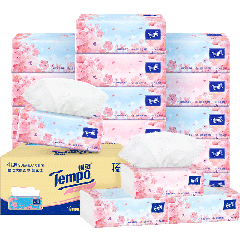 Tempo得宝四层加厚印花抽纸家庭箱装（多香型任选）