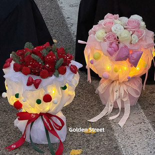 璀璨 圣诞节糖果屋鲜花包装纸棉纸带灯感花束手工花店花艺