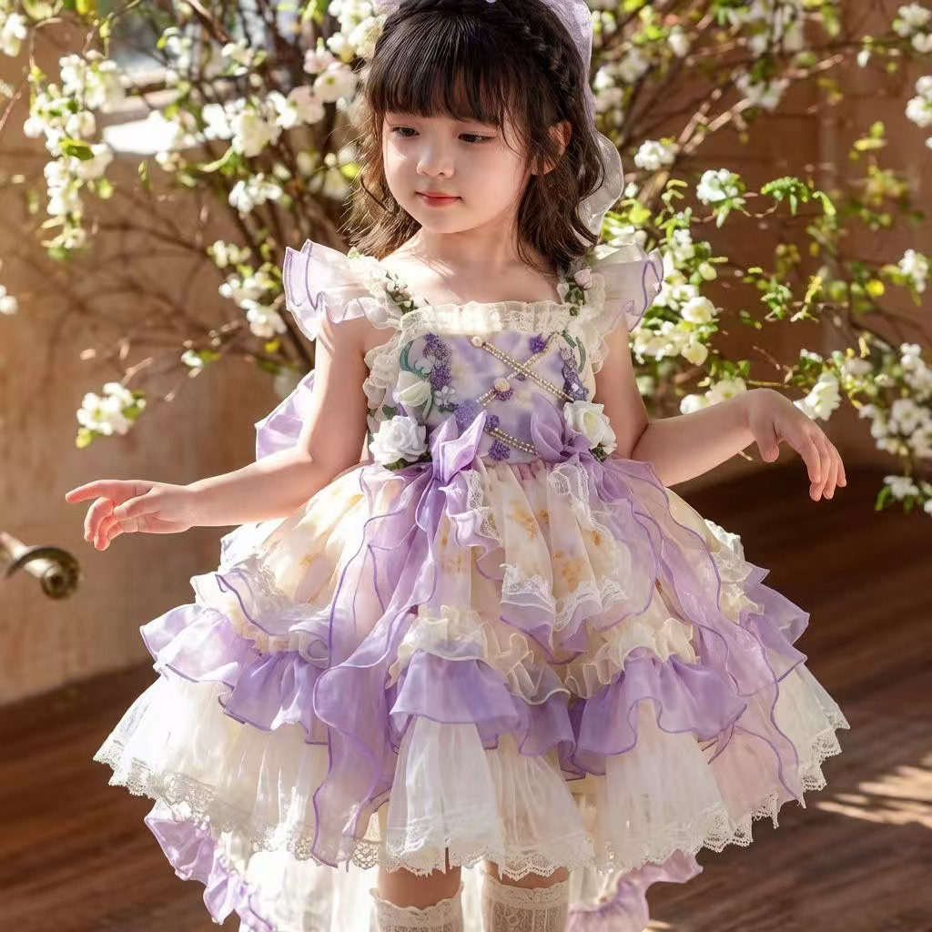 洛丽塔女童公主裙夏装梦幻紫色网纱蓬蓬裙生日礼服宝宝背心连衣裙