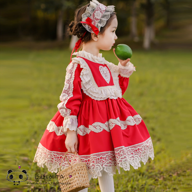 洛丽塔洋装女童春季新款洋气喜庆红拜年服新年童装周岁宝宝蓬蓬裙