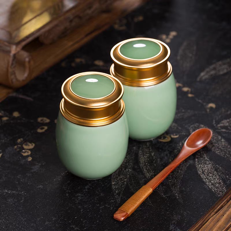 龙泉青瓷茶叶罐密封罐小号茶具罐金属盖茶罐礼品罐可定制简约陶瓷