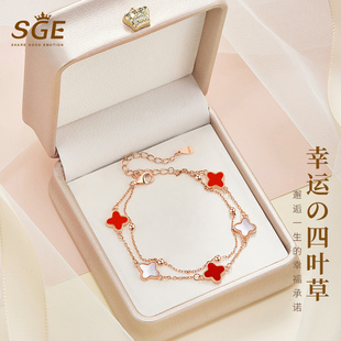 纯银四叶草手链女夏红玛瑙双层五花手饰轻奢小众生日礼物送女友