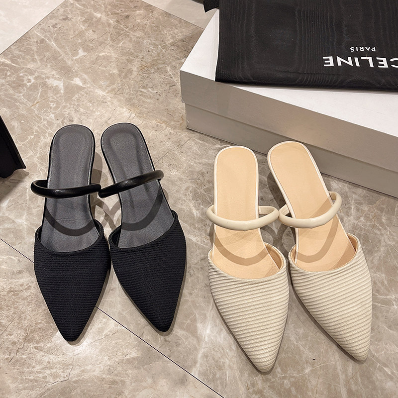 2025春夏新款韩版针织包头拖鞋女尖头高跟半拖鞋仙女风两穿穆勒鞋,女鞋,包头拖,淘宝优惠券,粉丝福利购,淘宝优惠卷