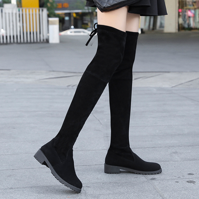 显瘦粗跟尖头百搭黑色平底过膝靴