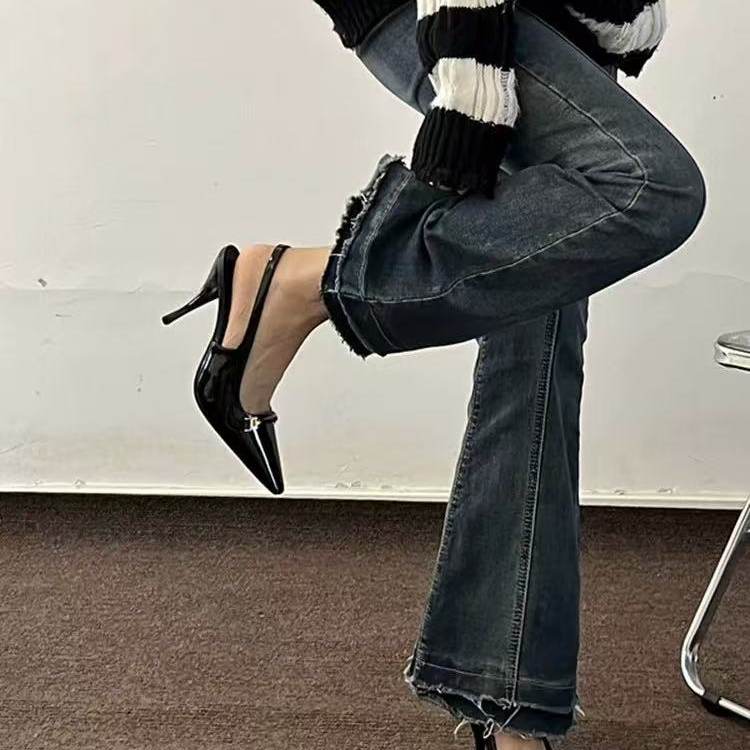 2025新款黑色包头法式绝美夏季漆皮后空单鞋细跟高跟凉鞋高跟鞋女