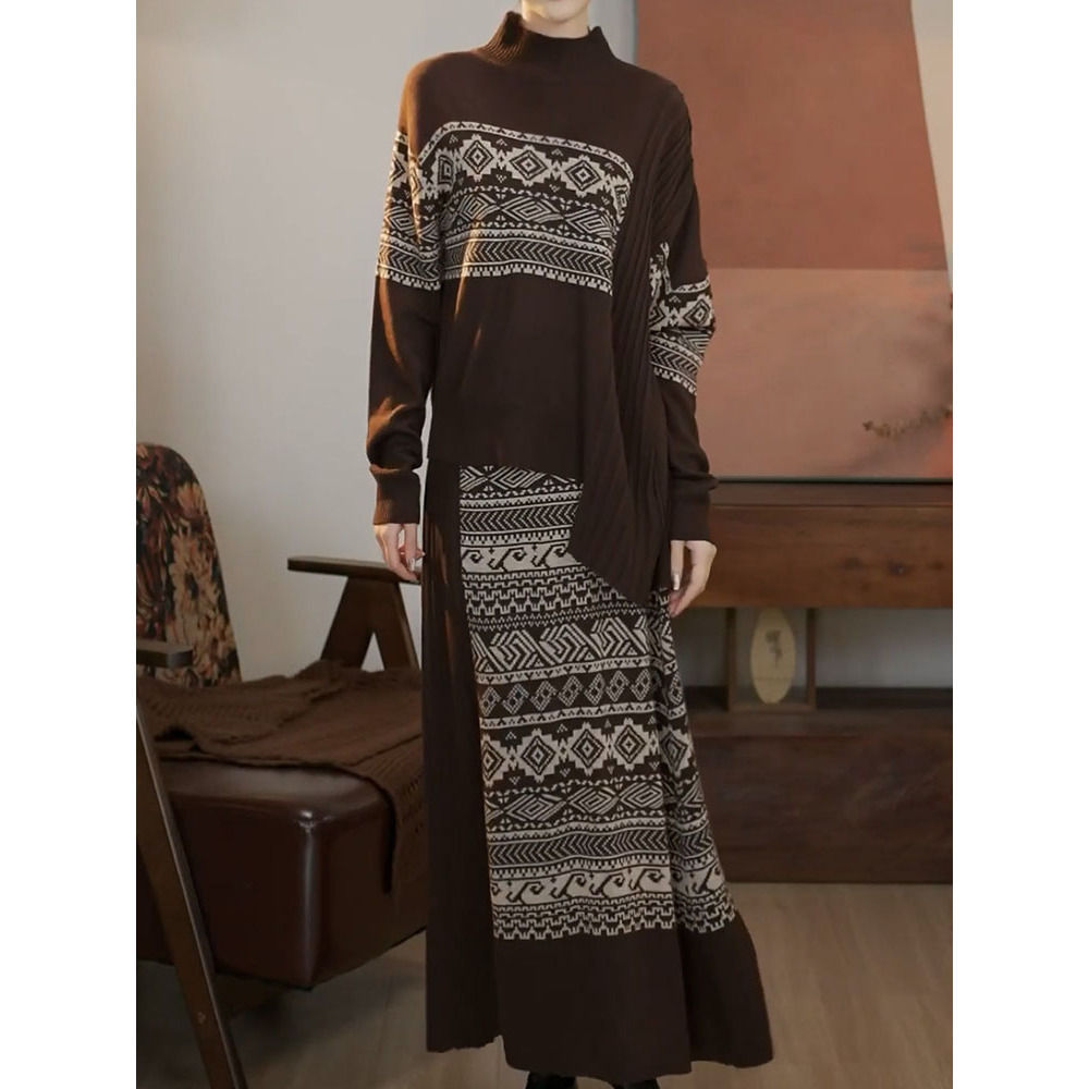 洋气女裙百搭针织套装秋季新款复古文艺民族风印花针织衫+半身裙