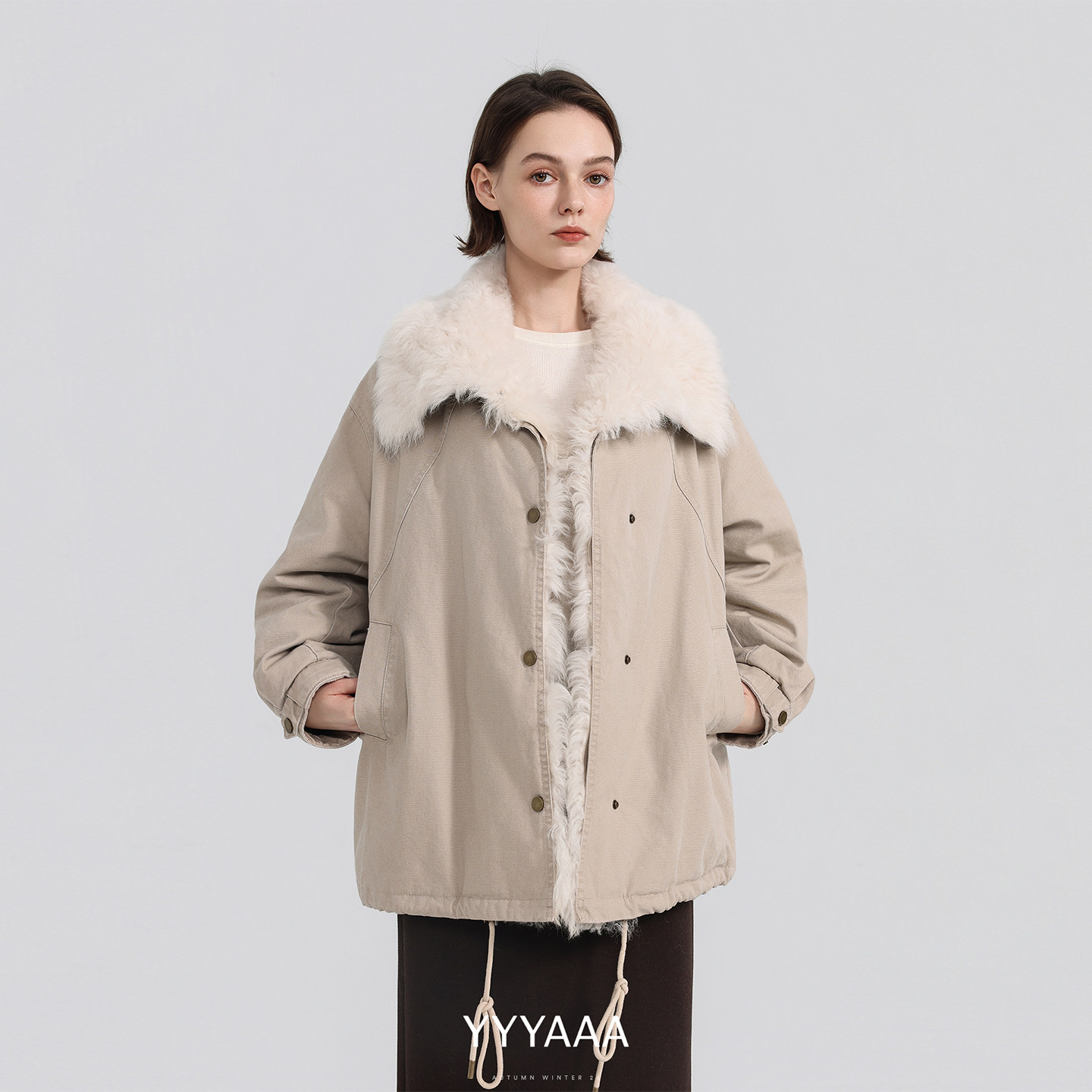 YYYAAA可脱卸连襟翻领90白鹅绒工装风羽绒服保暖派克服羽绒外套女