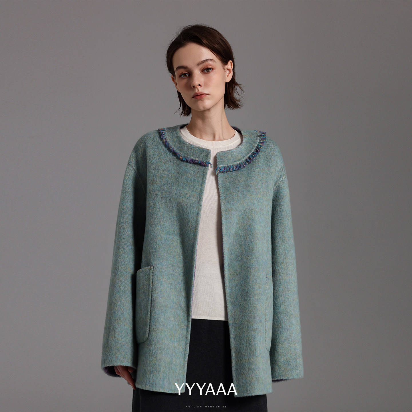 YYYAAA圆领流苏设计感宽松绵羊毛兔毛桑蚕丝撞色双面呢大衣秋外套