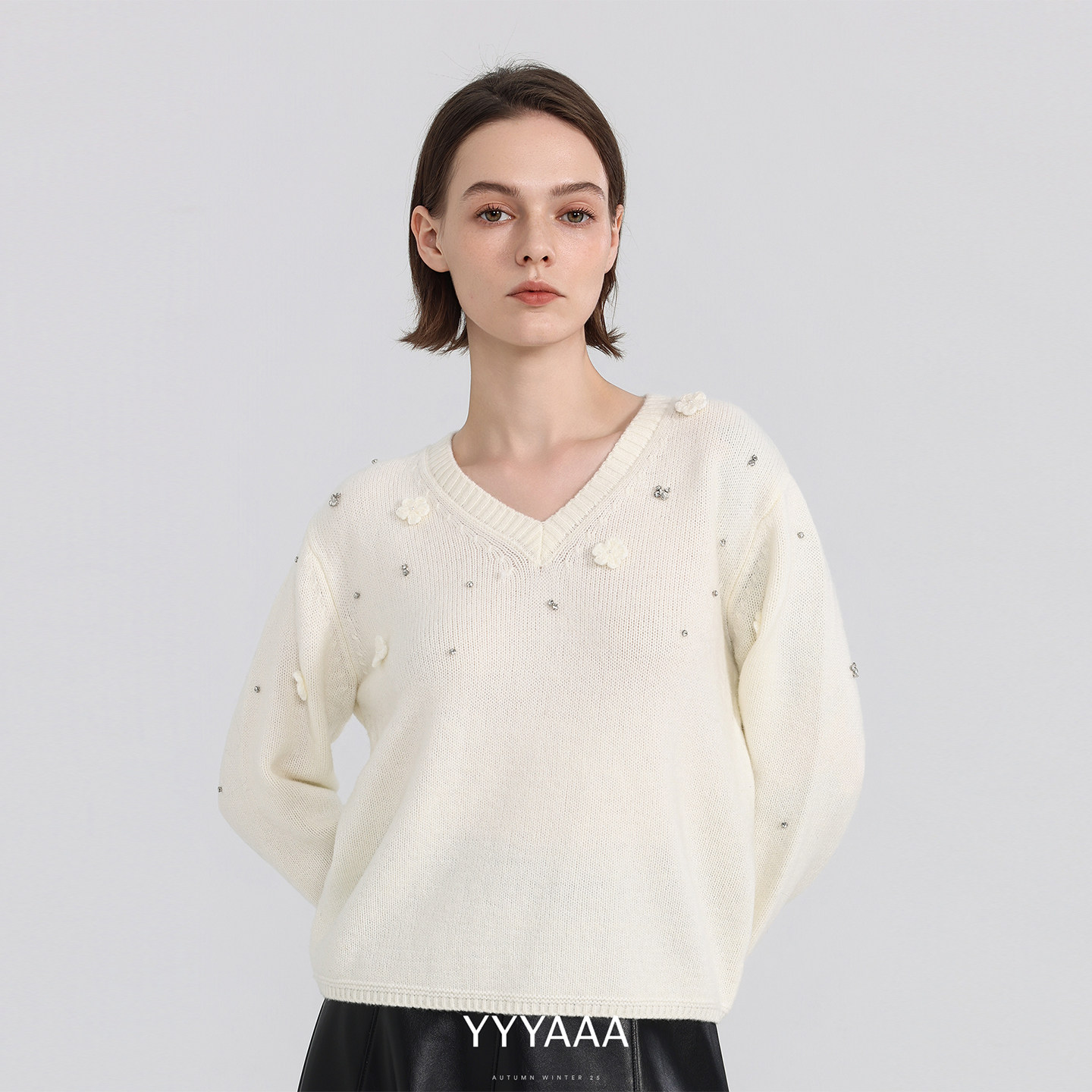 YYYAAAv领手工立体小花钉珠绵羊毛针织秋冬新品套头衫女