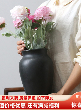 尚瓷景德镇大口径陶瓷花瓶复古黑色陶罐家居民宿装饰摆件干花花