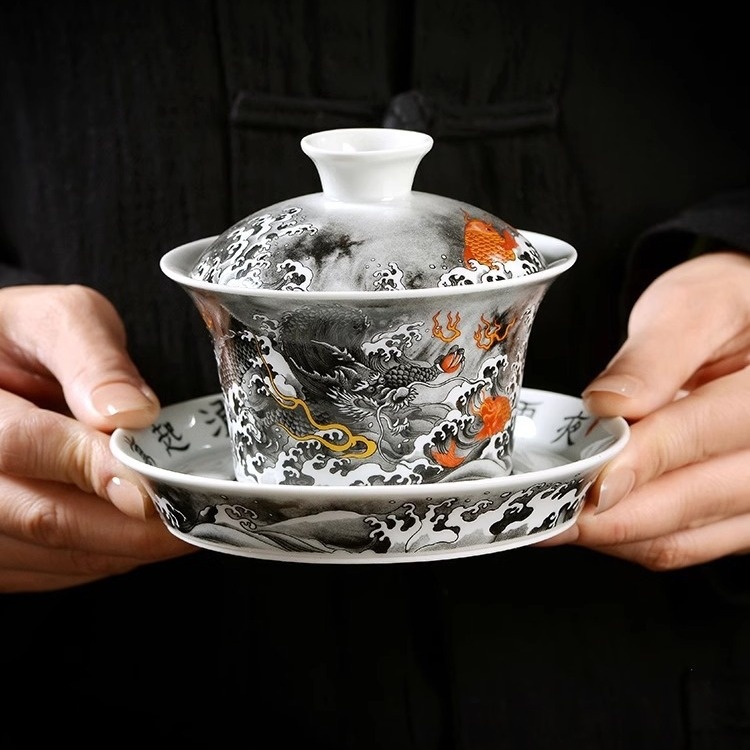 景德镇墨彩鱼化龙三才盖碗不烫手泡茶碗家用陶瓷功夫茶具套装大号