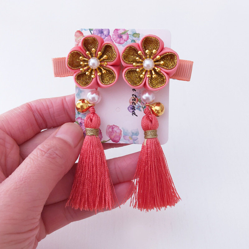 汉服发饰中国风儿童头饰橘粉色流苏铃铛女孩发夹游行拍照影楼饰品