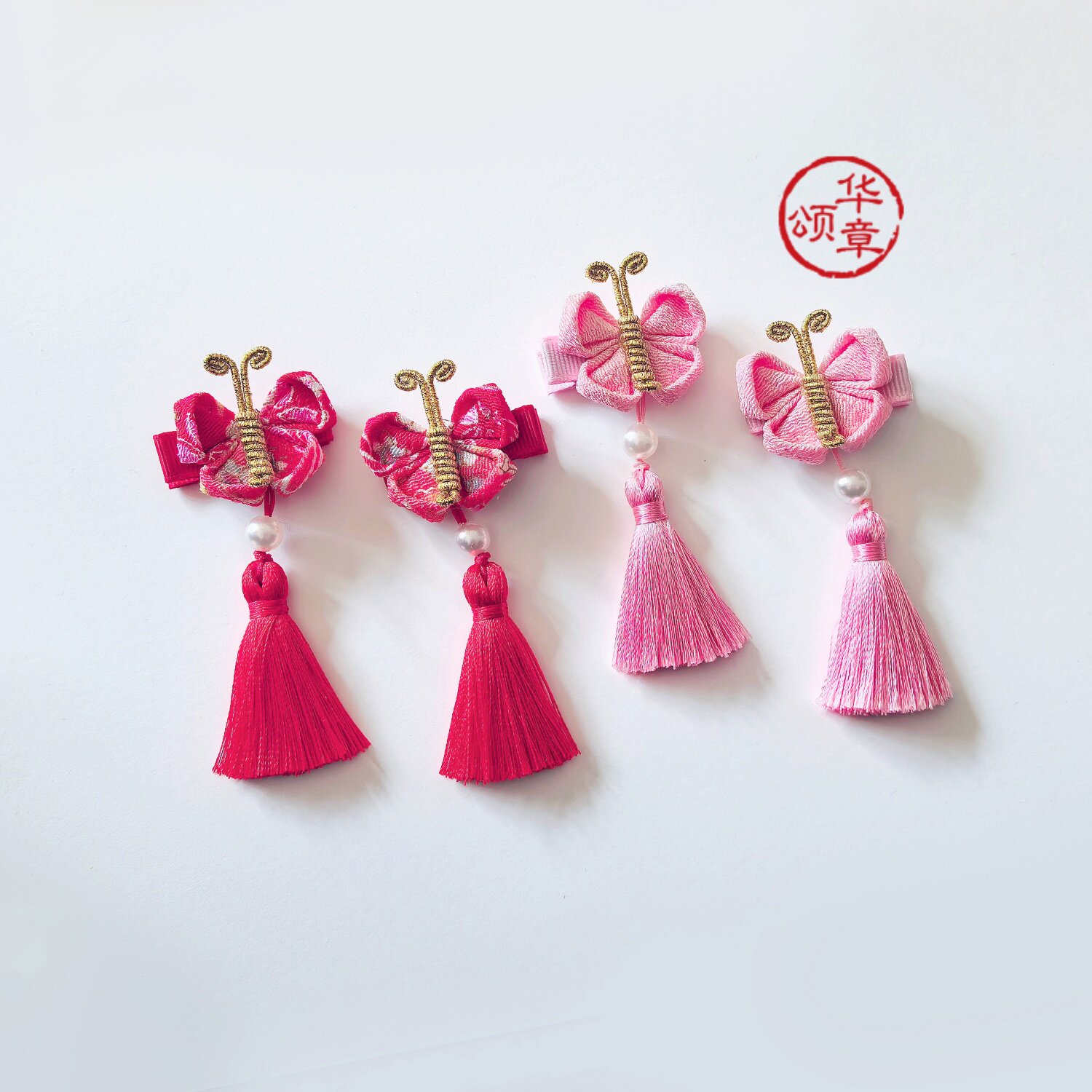 手工蝴蝶流苏发夹女童古风发饰粉色珍珠装饰对夹汉服配饰品