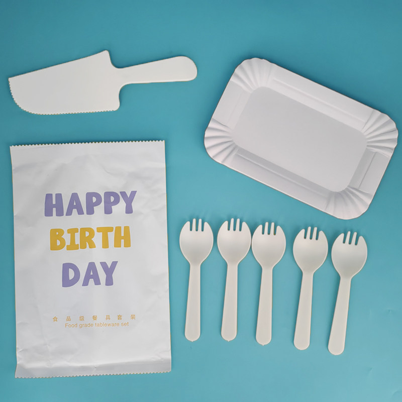 一次性蛋糕刀叉套装 生日刀叉碟组合 塑料餐具纸袋 纸盘托刀套装