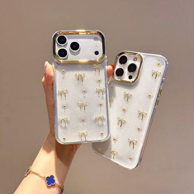 适用苹果 17 Air金色小蝴蝶结手机壳iPhone16pro max全包大孔15防摔14 13 12 11高级感女款16plus保护套批发