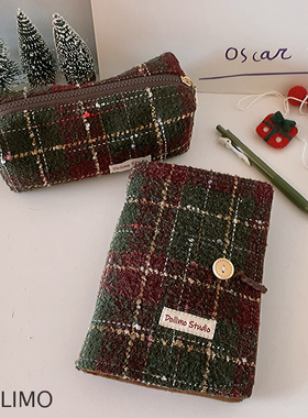 Do家  原创复古羊毛混纺毛呢手帐本 暗调绿色格纹活页本A5A6文艺笔记本手账本日记本子布艺 ins风盖章本子