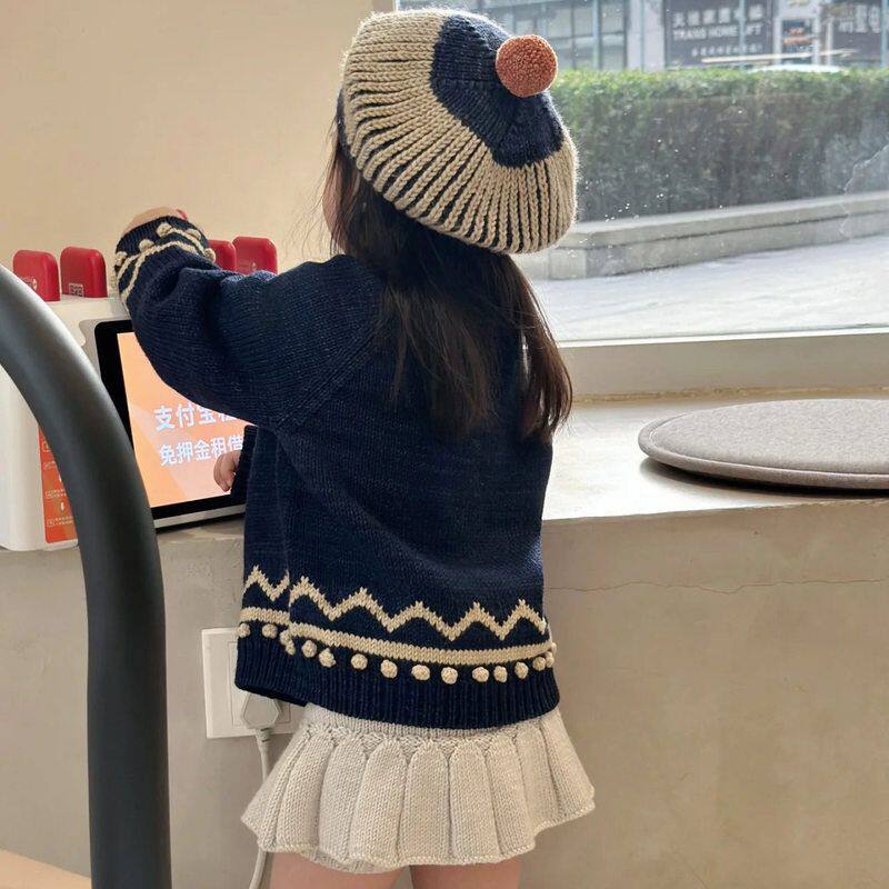 MP手工球球女童针织开衫藏蓝色翻领毛衣厚外套针织衫欧美风秋冬季