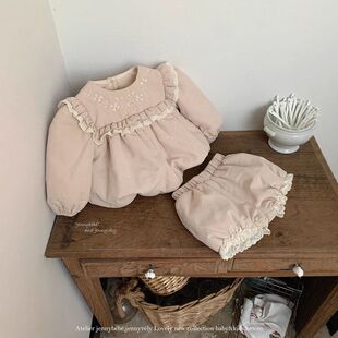 女宝宝冬季衣服韩版夹棉加厚套装洋气刺绣花边棉服上衣短裤两件套