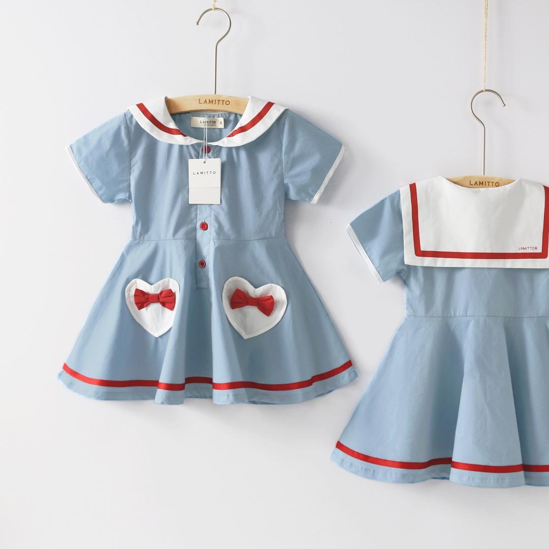 2022年春夏童装 海军风娃娃领女童连衣裙 荷花造型裙摆儿童连衣裙