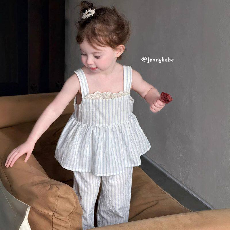 jennybebe女童夏季衣服两件套韩版洋气条纹吊带上衣阔腿裤子套装