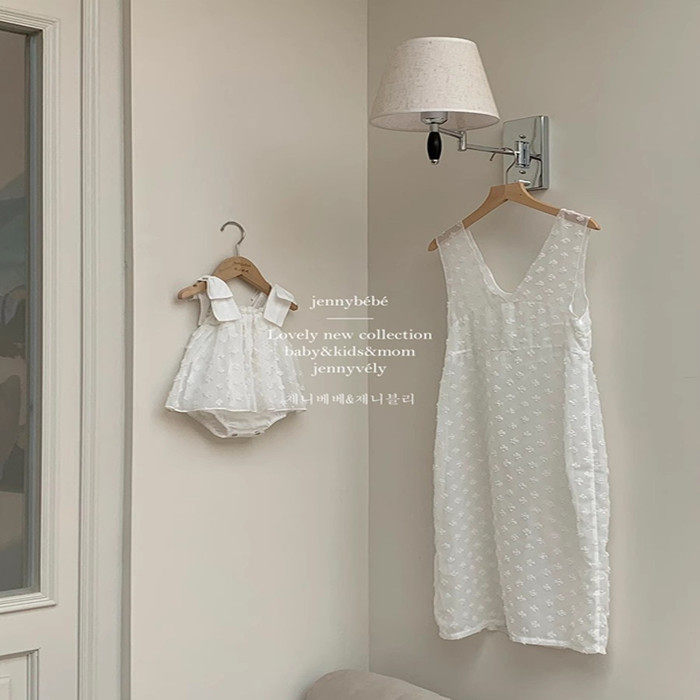 {jennybebe}24夏ins风亲子装婴童洋气蝴蝶结爬服女宝提花网纱哈衣