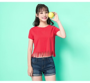 2021短袖新款包邮韩版短款t恤女夏宽松显瘦露流苏上衣打底衫高腰