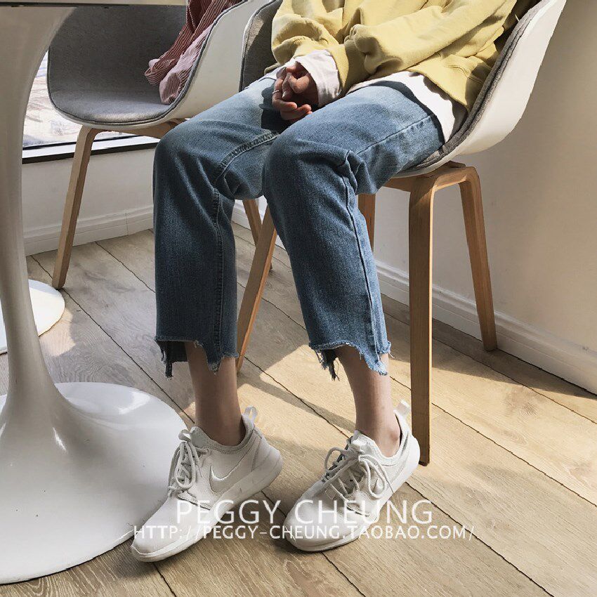 Autumn Korean Edition Easy Irregular Torn edge Nine points Straight pants Show thin Versatile High waisted jeans student trousersin the Women's clothing/Boutique , Jeans  category - from Buy2taobao.com to provide professional Taobao agent buy service