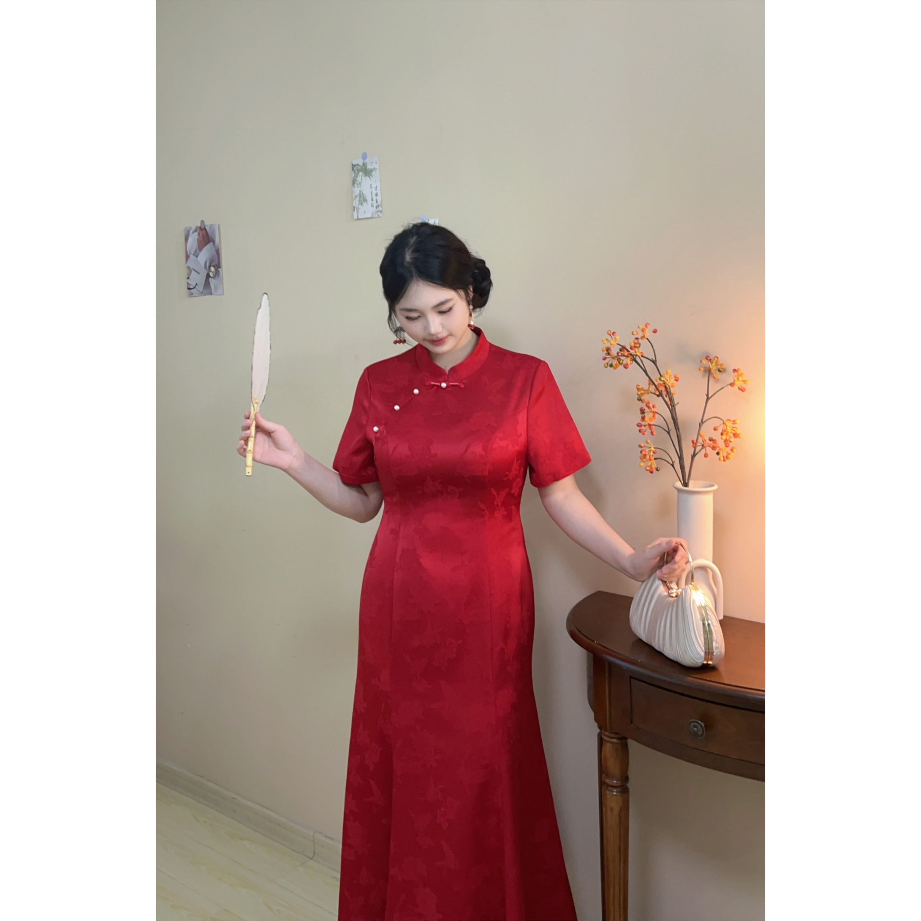 遇见大码红色订婚回门敬酒服旗袍