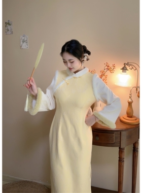 雪玉【自制款】新中式黄色保暖假两件旗袍大码胖mm新年战衣拜年服