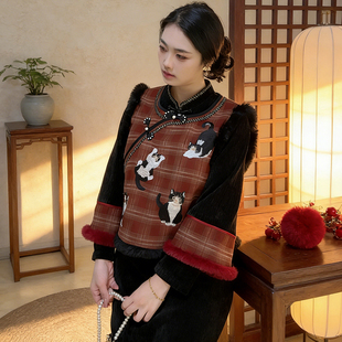 胖妹妹复古风刺绣猫咪马甲冬季新中式显瘦旗袍连衣裙女日常套装