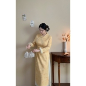 旗袍裙女 加绒加厚假两件大码 自制款 胖mm显白黄色新中式 白玉兰