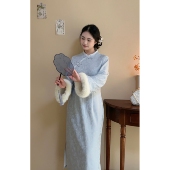 胖mm旗袍连衣裙女 望舒 蓝色小清新冬季 自制款 显白大码 加绒版