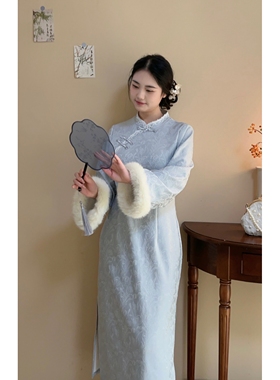 望舒【自制款】加绒版~蓝色小清新冬季显白大码胖mm旗袍连衣裙女