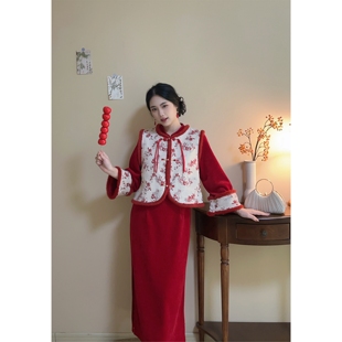 自制款 马甲套装 加绒版 红色订婚喜庆回门旗袍裙 冬 新中式 喜乐
