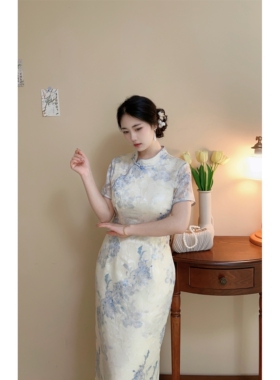 云染【自制款】天青烟雨蓝色青花瓷晕染提花旗袍大码胖mm温柔长裙