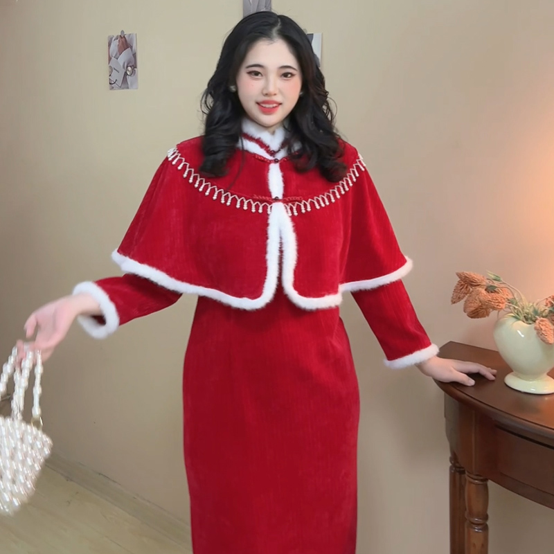 遇见大码新中式直筒加厚订婚旗袍