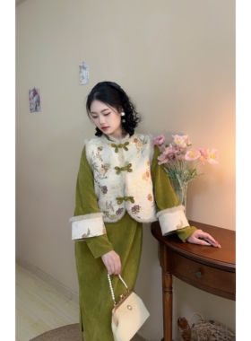 松园【自制款】大码胖mm绝美气质绿色改良版旗袍连衣裙显白两件套