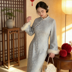 新中式复古风长袖旗袍女浅蓝色中长裙加绒保暖日常小清新~望舒