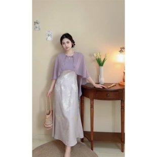 大码 新中式 胖mm飘逸披肩收腰缎面提花鱼尾连衣裙夏 自制款 紫藤