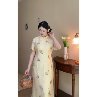 胖mm少女旗袍裙女 黄玫瑰 自制款 新中式 淡黄色轻薄凉快甜美大码