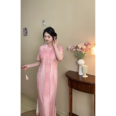 桃夭 胖mm连衣裙显白嫩 旗袍大码 自制款 粉色扎染天丝亚麻新中式