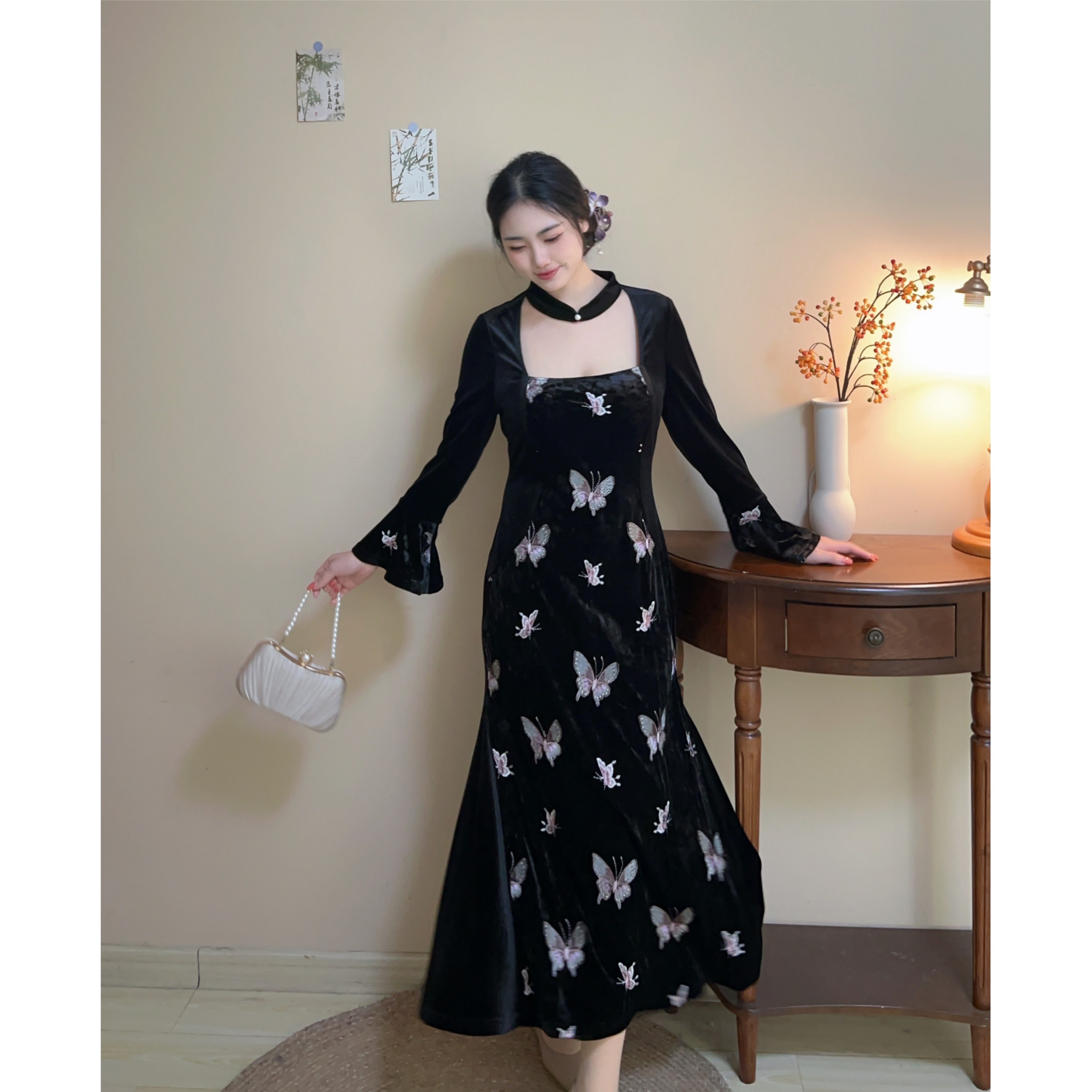 【自制款】黑色丝绒蝴蝶刺绣拼接鱼尾显瘦连衣裙大码胖mm法式复古,女装/女士精品,大码连衣裙,淘宝优惠券,粉丝福利购,淘宝优惠卷
